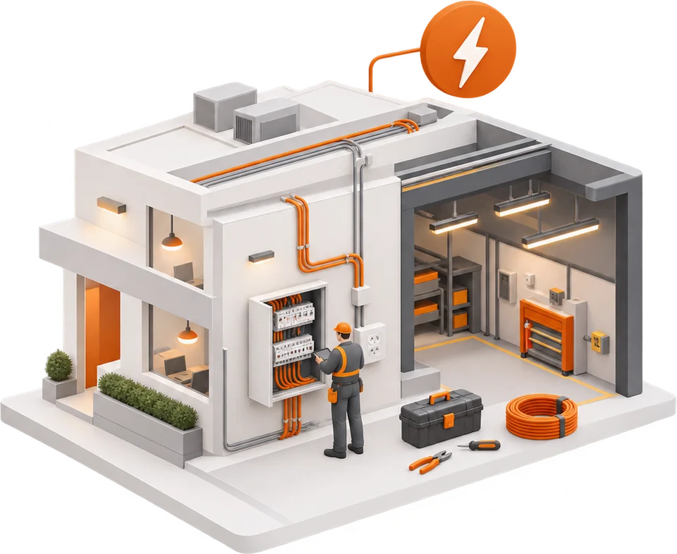 Ilustração de um prédio com instalação elétrica, quadro de distribuição e eletricista trabalhando