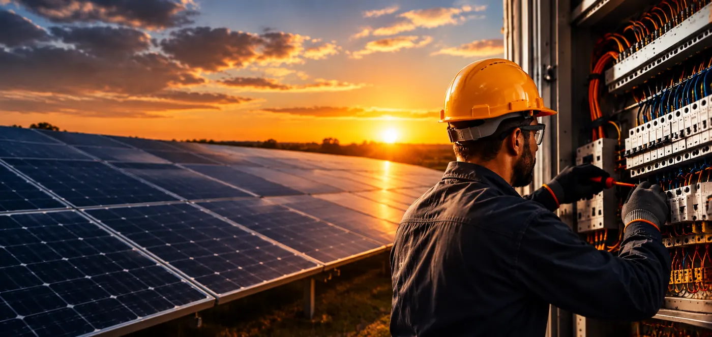 Painéis solares ao pôr do sol e técnico da Leggu em quadro elétrico